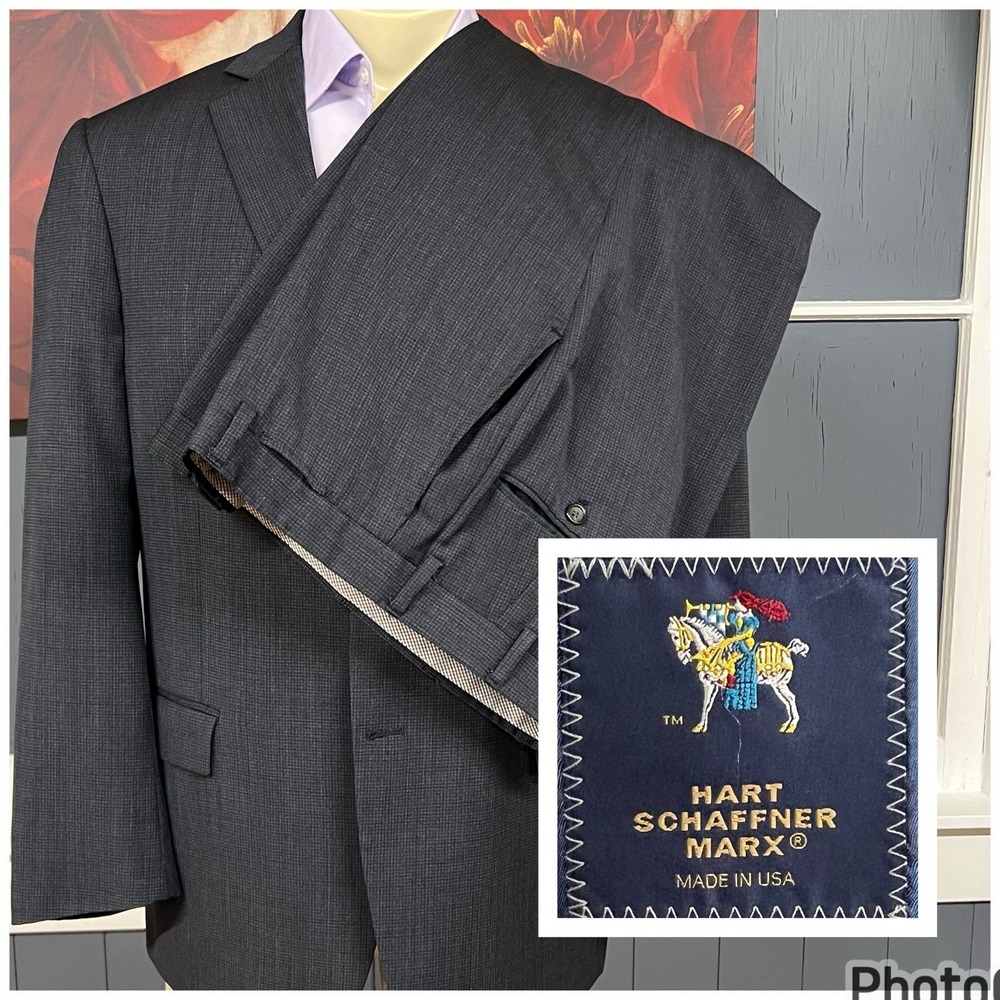 Hart Schaffner Marx (Tiny Hole) Suit‎ Mens 46R Wool Pants 36x27 Navy/Gray/Black